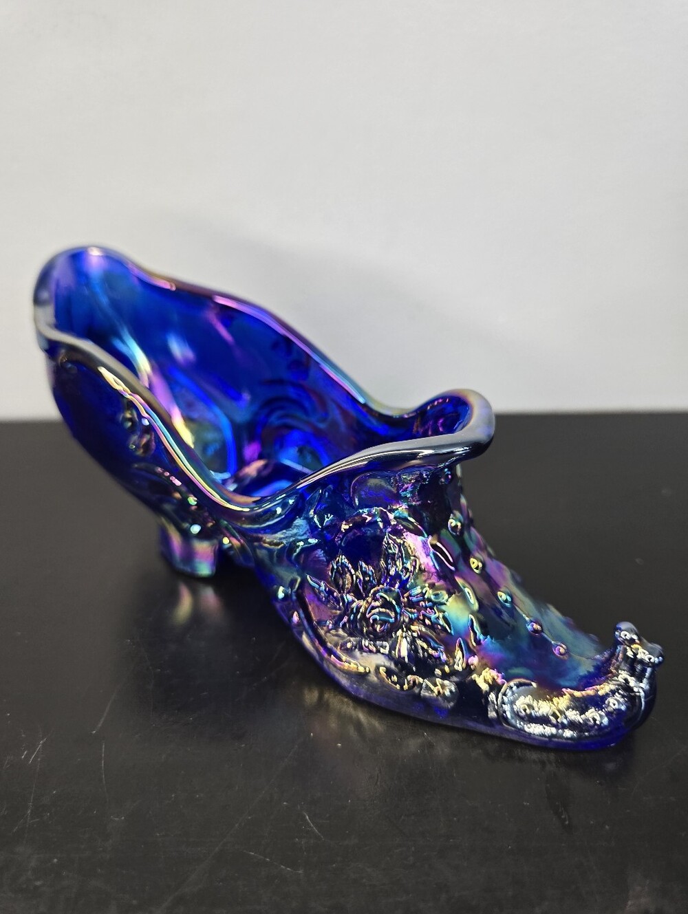 Mosser Iridescent Blue Niaht Carnival Glass Slipper/Shoe Large 5.5"